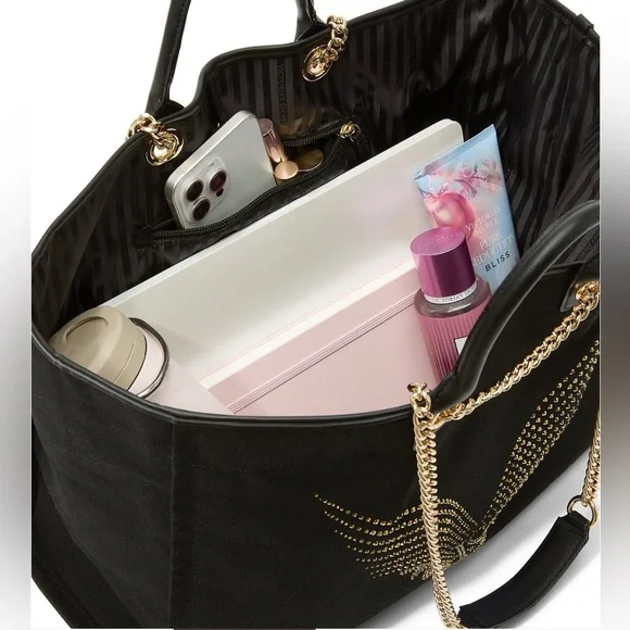 VS FASHION SHOW 2025 BACKSTAGE DOUBLE HANDLE TOTE BLACK/GOLD RHINESTONES LOGO - Picture 4 of 5